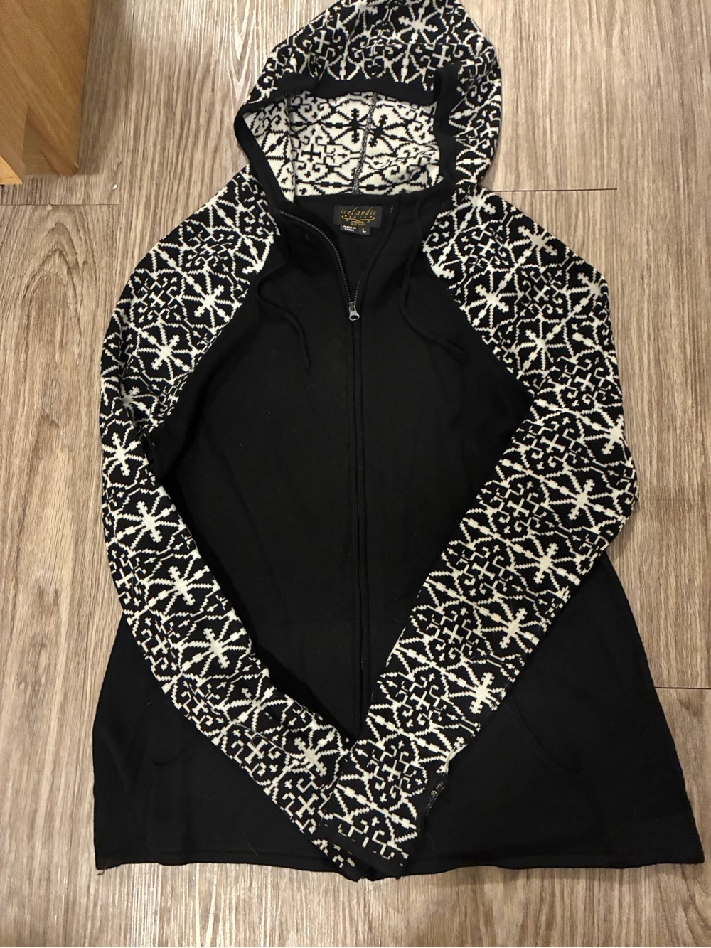 Black Hooded Zip-Up Jacket with White Nordic Knit Accents